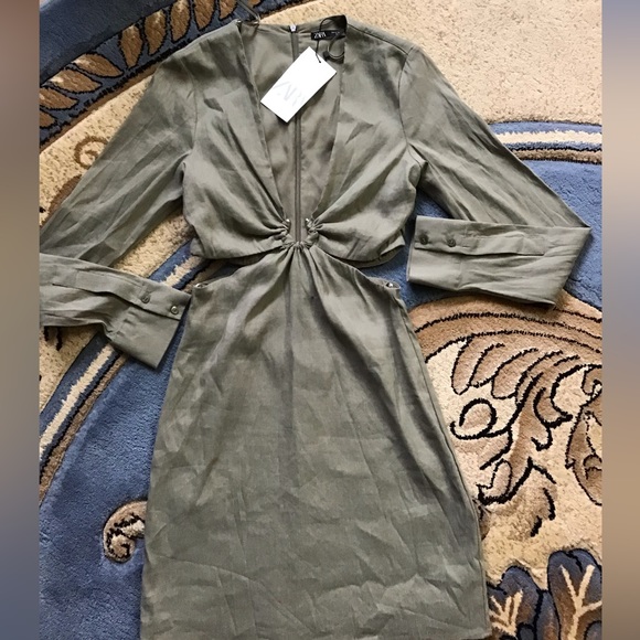 Zara stretchy linen shirt dress, in olive green - Picture 2 of 5